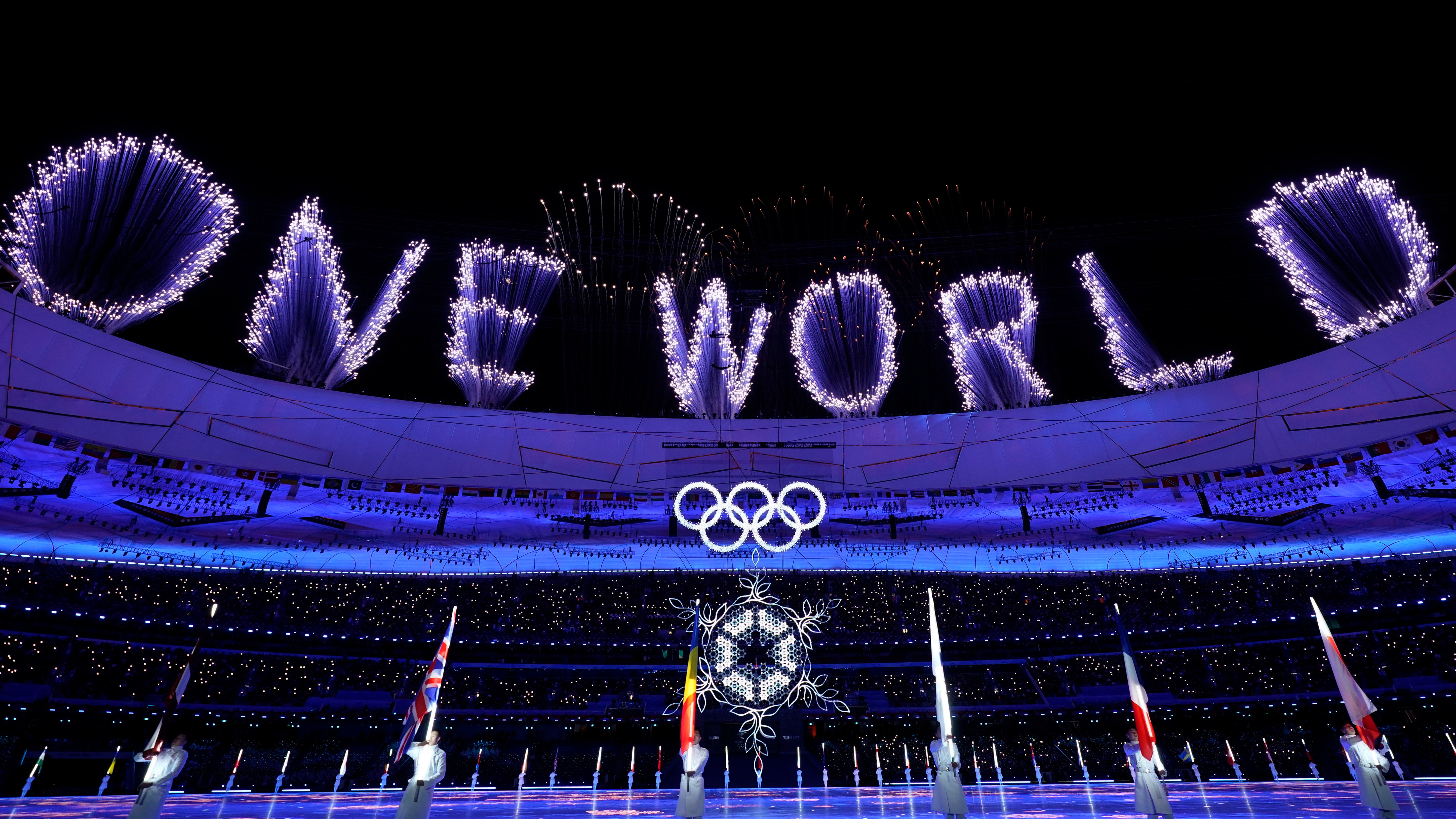 Fireworks explode over the stadium during the closing ceremony of the 2022 Winter Olympics (Jae C Hong/AP)
