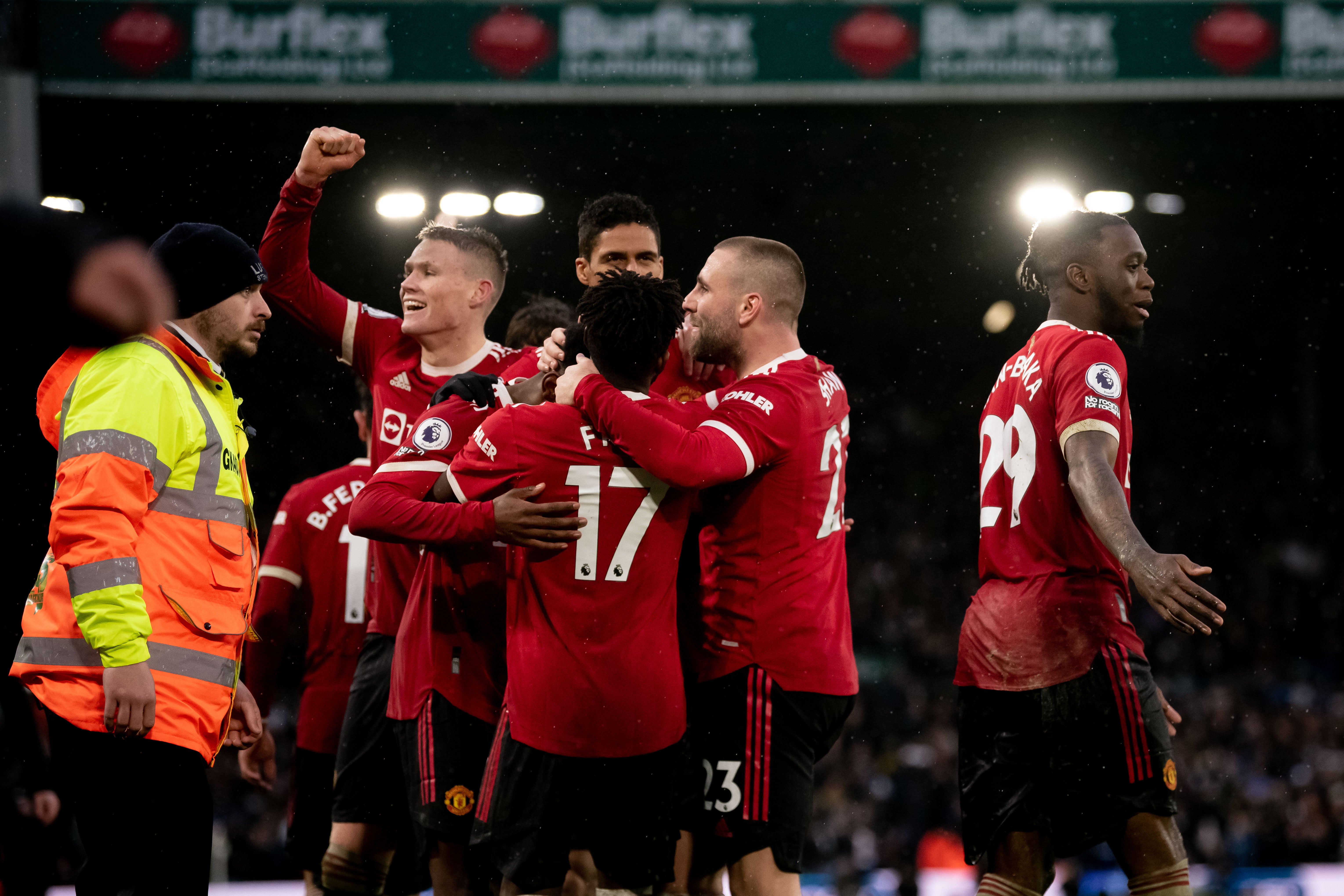 A relieved Manchester United team after the win