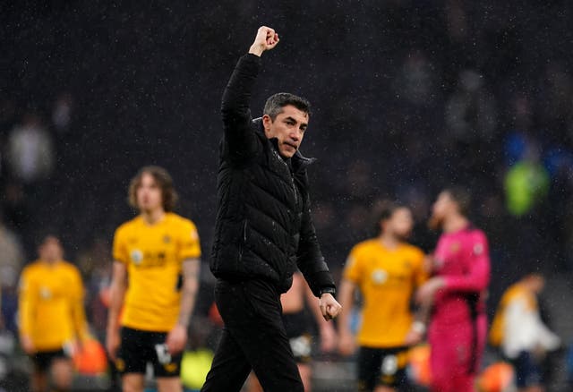 Wolverhampton Wanderers manager Bruno Lage gestures to the fans after the Premier League match at the Tottenham Hotspur Stadium, London. Picture date: Sunday February 13, 2022.