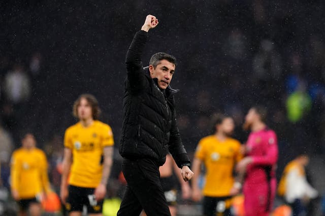 Wolverhampton Wanderers manager Bruno Lage gestures to the fans after the Premier League match at the Tottenham Hotspur Stadium, London. Picture date: Sunday February 13, 2022.