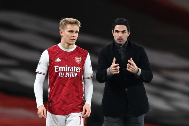 Arsenal manager Mikel Arteta instructs Arsenal’s Martin Odegaard before he goes on during the Premier League match at the Emirates Stadium, London. Picture date: Saturday January 30, 2021.