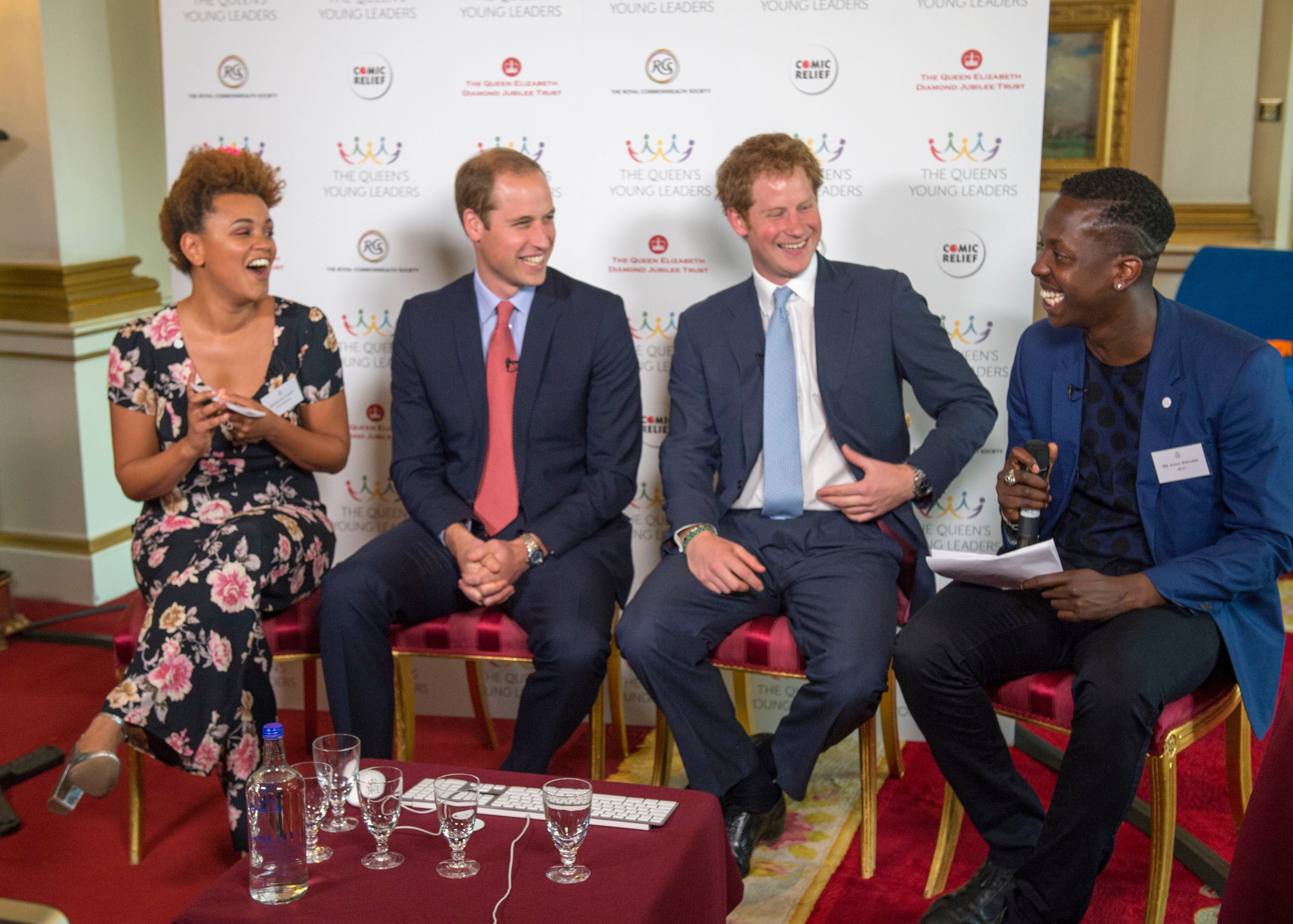 Gemma Cairney, Prince William, Duke of Cambridge, Prince Harry and Jamal Edwards during the launch of The Queen's Young Leaders Programme at Buckingham Palace on July 9, 2014