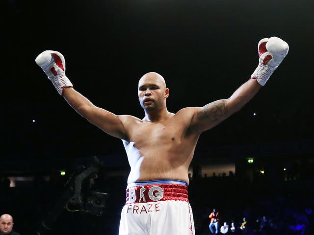 <p>Frazer Clarke celebrates after his successful pro debut, at Manchester’s AO Arena</p>