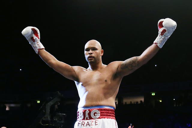<p>Frazer Clarke celebrates after his successful pro debut, at Manchester’s AO Arena</p>