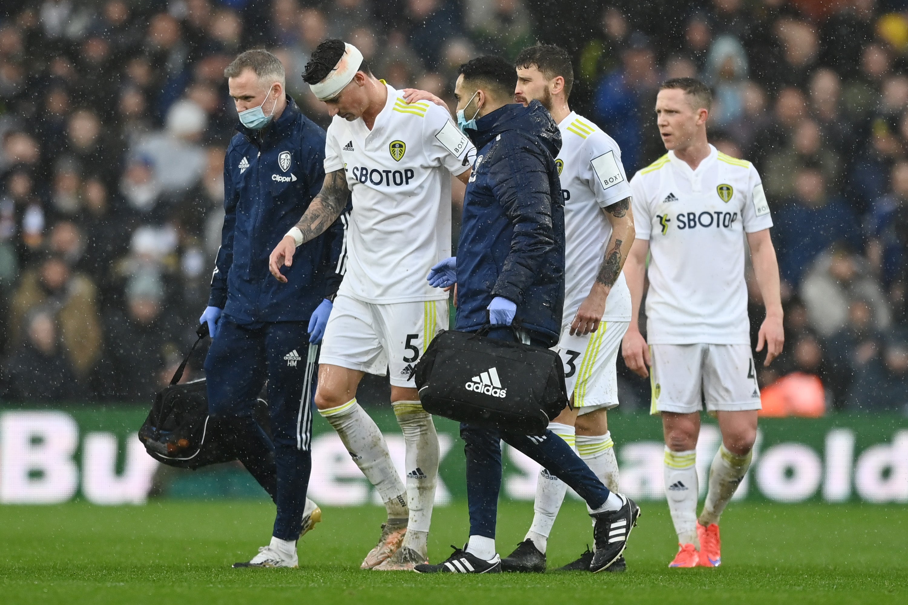 Leeds United player Robin Koch was eventually removed from play after suffering a head injury