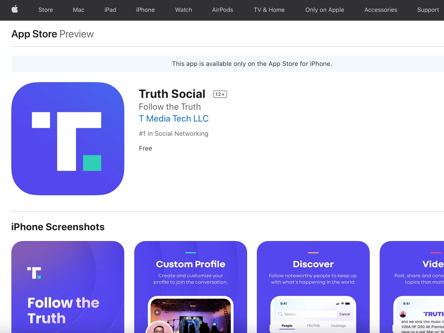 The Truth Social app as it appears on Apple’s App Store