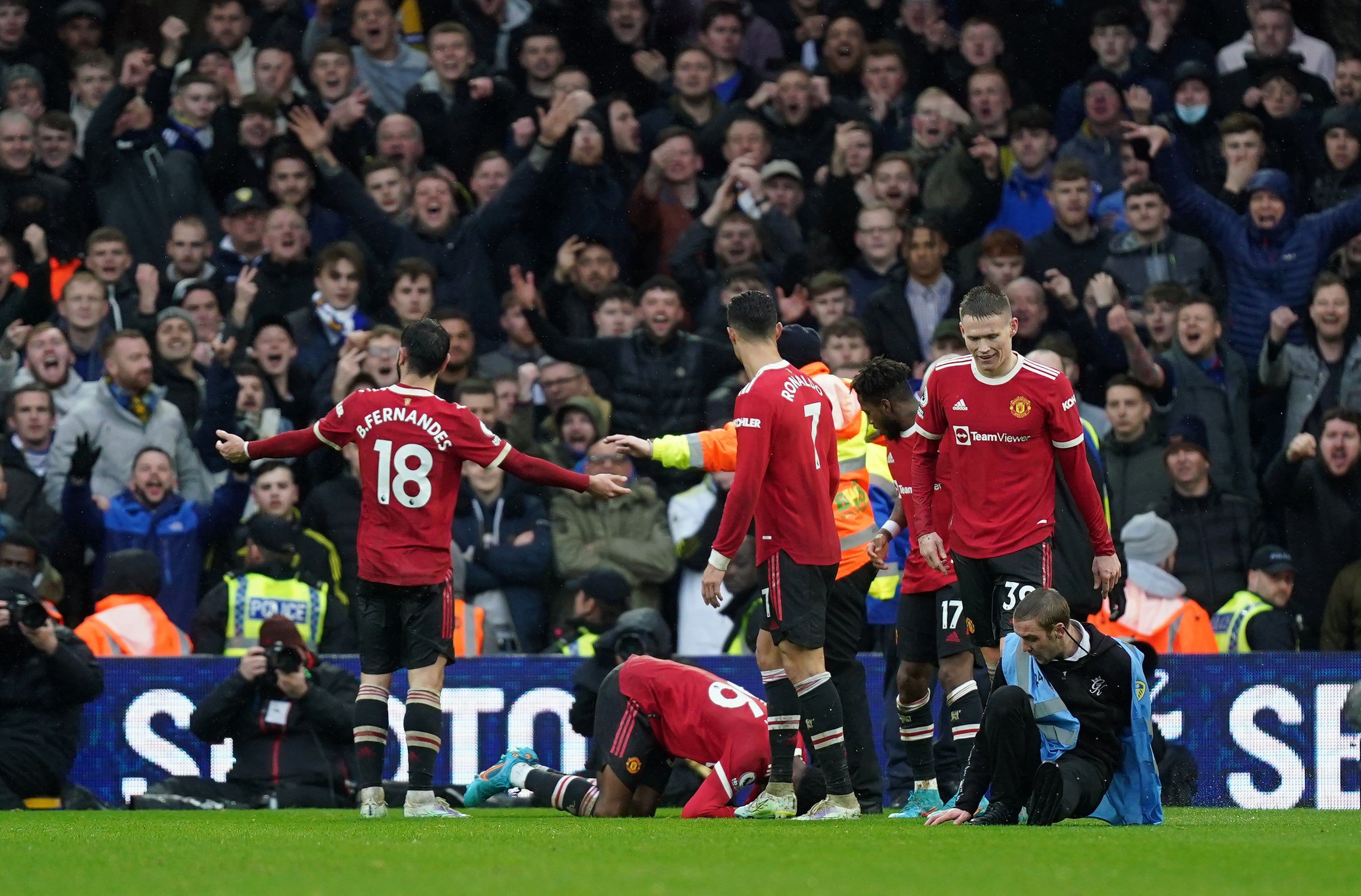 Manchester United’s Anthony Elanga was struck on the head by a coin thrown from the crowd at Leeds United on Sunday