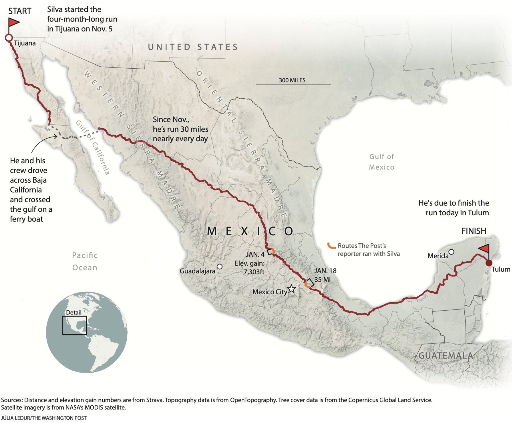 Silva’s 3,134 mile route across Mexico