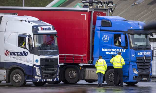 <p>Lorries arriving from Great Britain undergo checks at the port of Belfast</p>