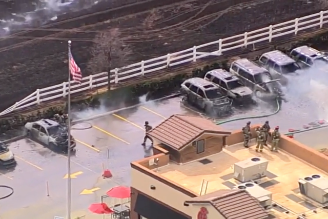 <p>Fire crews responded to a fire that ignited nine vehicles parked at a Chick-Fil-A in Oklahoma City after a grass fire started in a nearby clearing and spread to the parking lot.</p>
