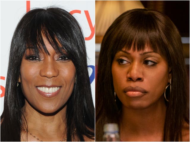 <p>Kacy Duke (left) and as portrayed by Laverne Cox in ‘Inventing Anna’ (right)</p>