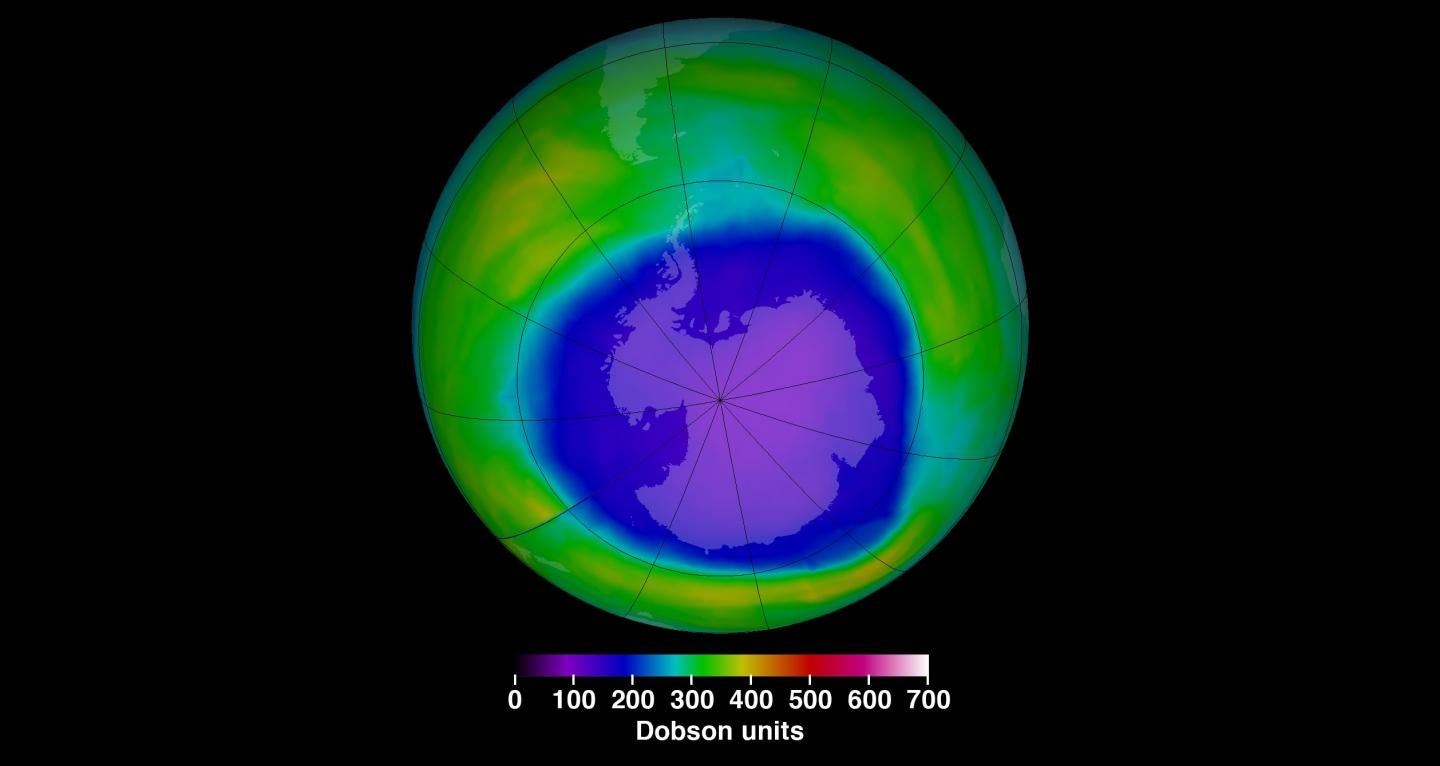 Nasa image showing the ozone hole at its maximum extent for 2015
