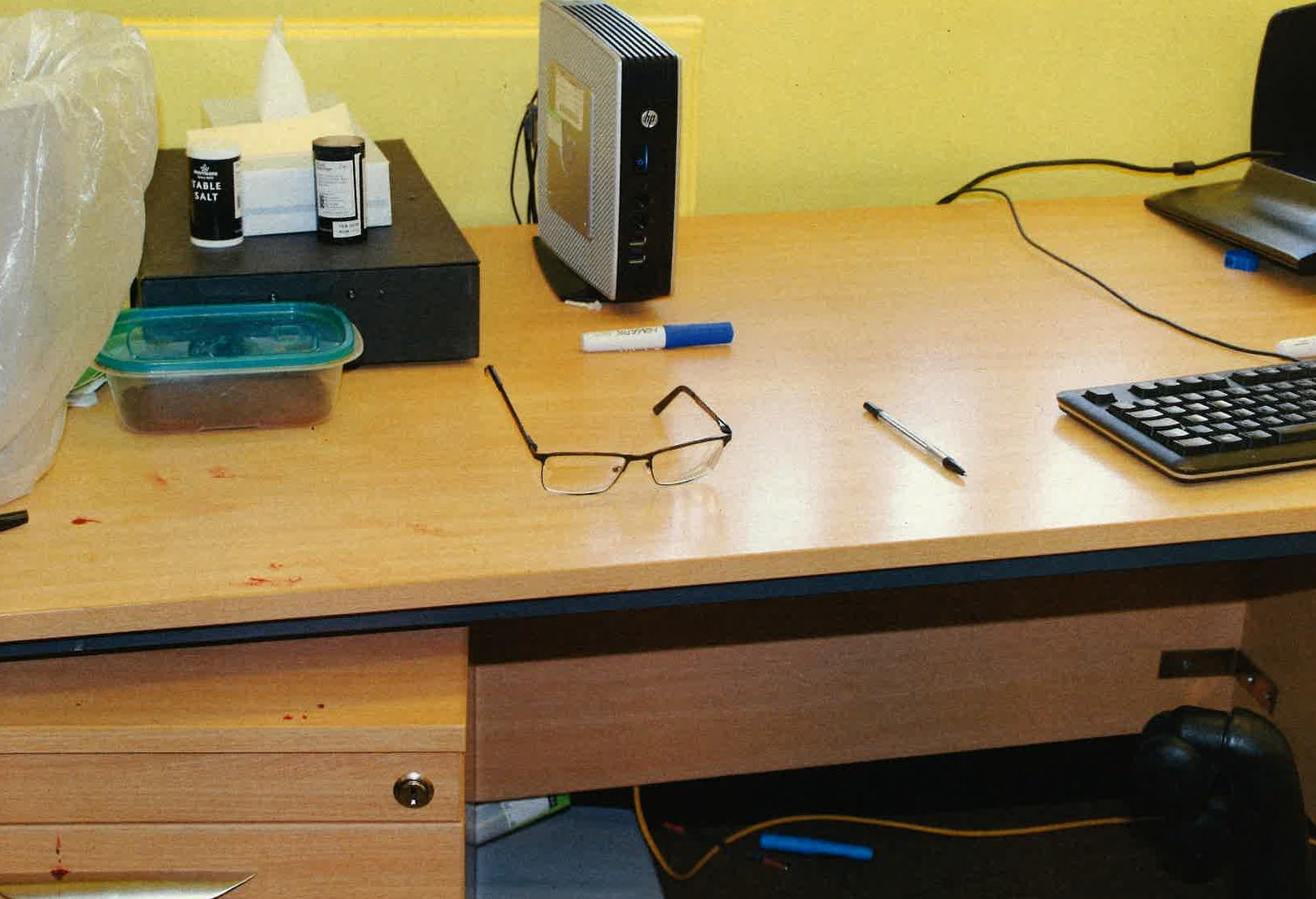 Blood on Paul Edwards’ desk at HMP Belmarsh following the attack
