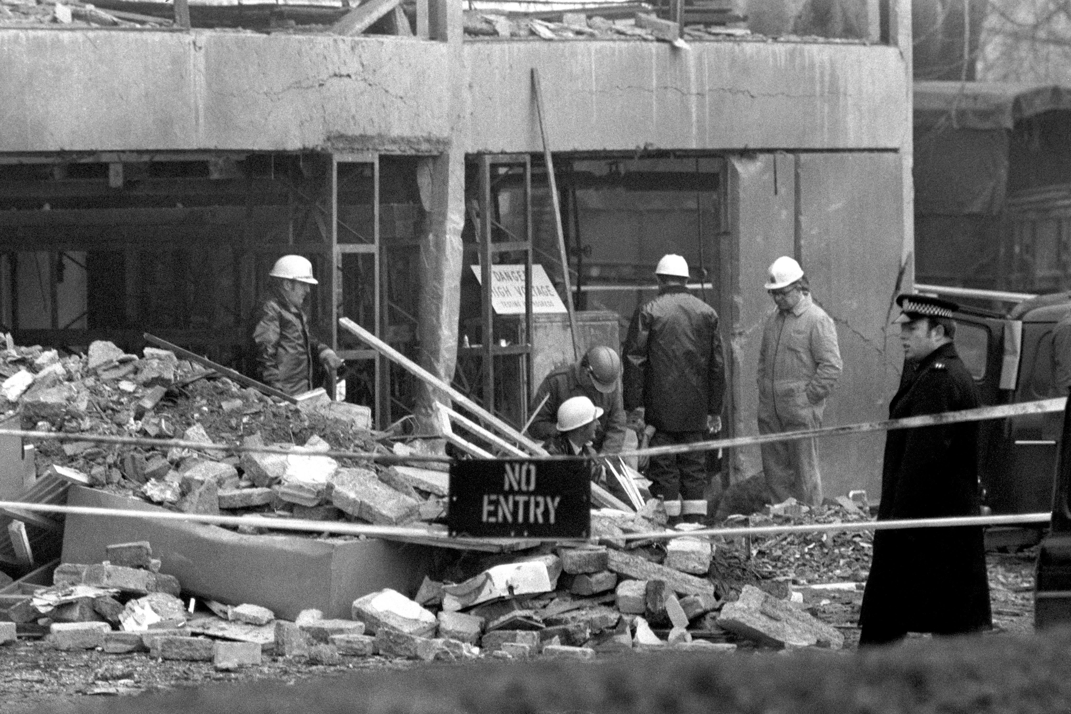 The rubble caused by the bombing that killed seven people in February 1972 (PA)