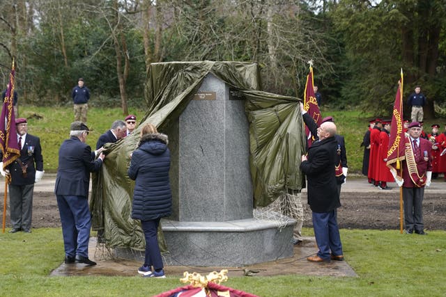 A memorial to mark the bombing of the HQ 16th Independent Parachute Brigade Officers’ Mess is unveiled at Aldershot Barracks, Hampshire (Andrew Matthews/PA)