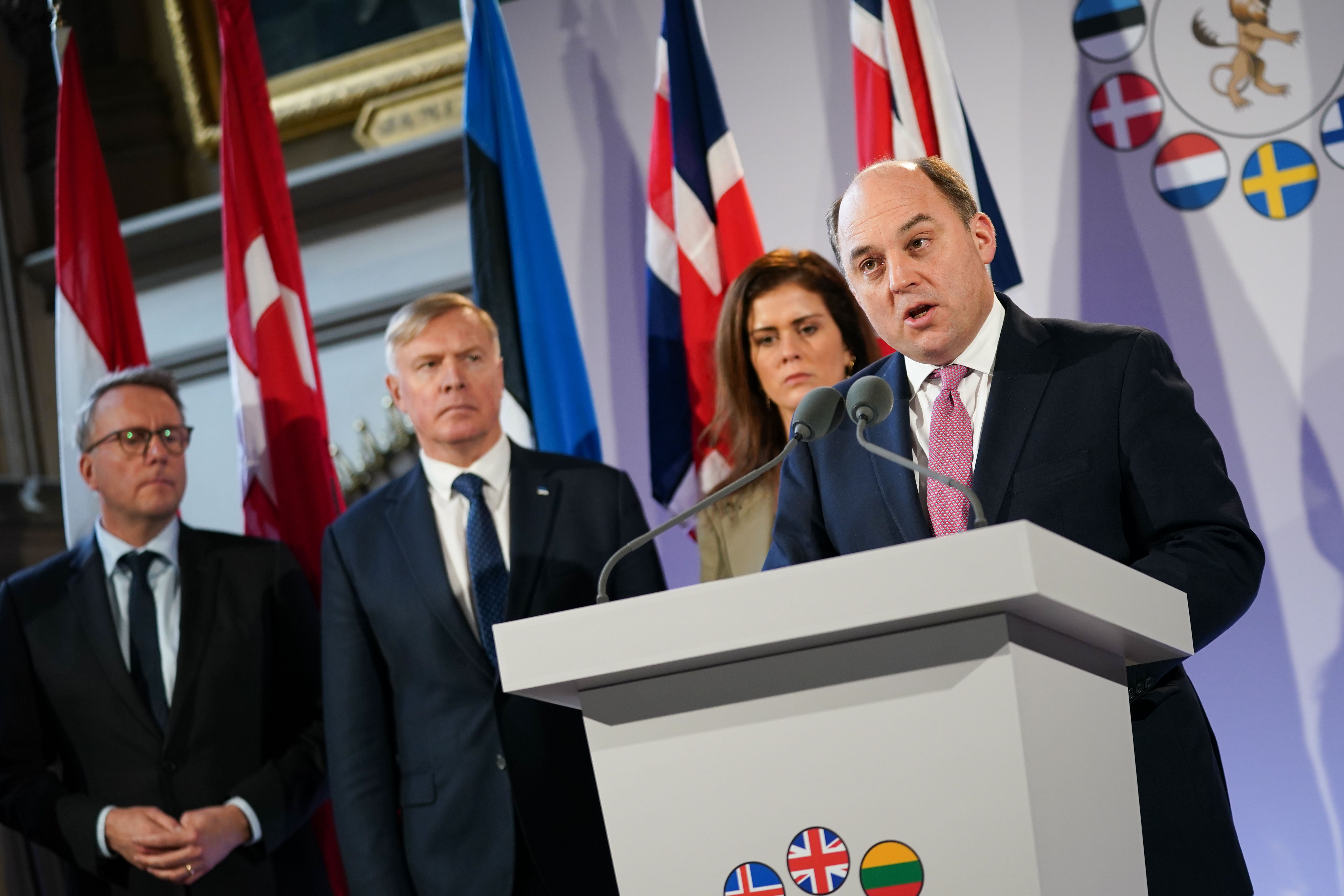 UK defence secretary Ben Wallace addresses media at a meeting of the Joint Expeditionary Force nations