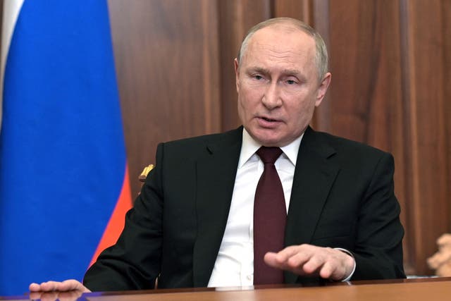 <p>Russian president Vladimir Putin speaks during his address to the nation at the Kremlin in Moscow on Monday evening </p>
