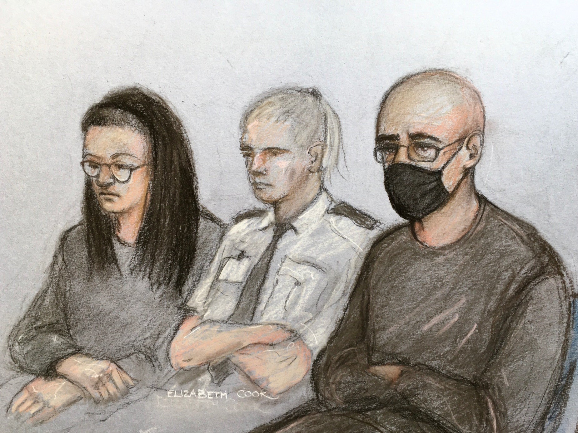 Court artist sketch of Angharad Williamson, 30, and her partner, John Cole, 40, in the dock at Cardiff Crown Court on 22 February 2022