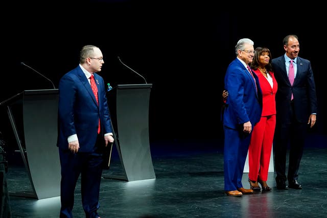 <p>Everett Stern, left, made the remarks during a debate in Philadelphia on Monday</p>