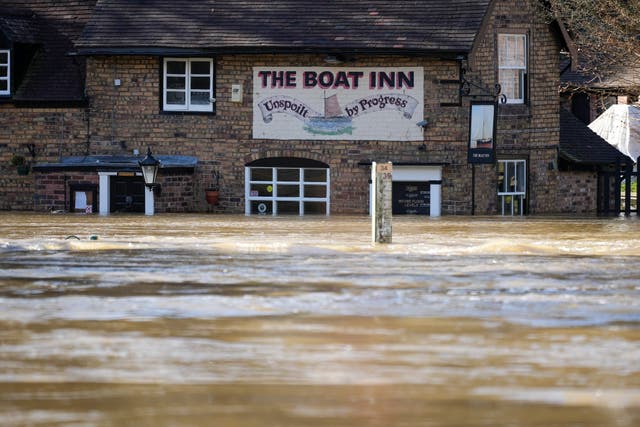 <p>The Boat Inn at Jackfield is marooned by flood water from the River Severn after successive storms hit the UK on 22 February 2022 in Ironbridge, England</p>
