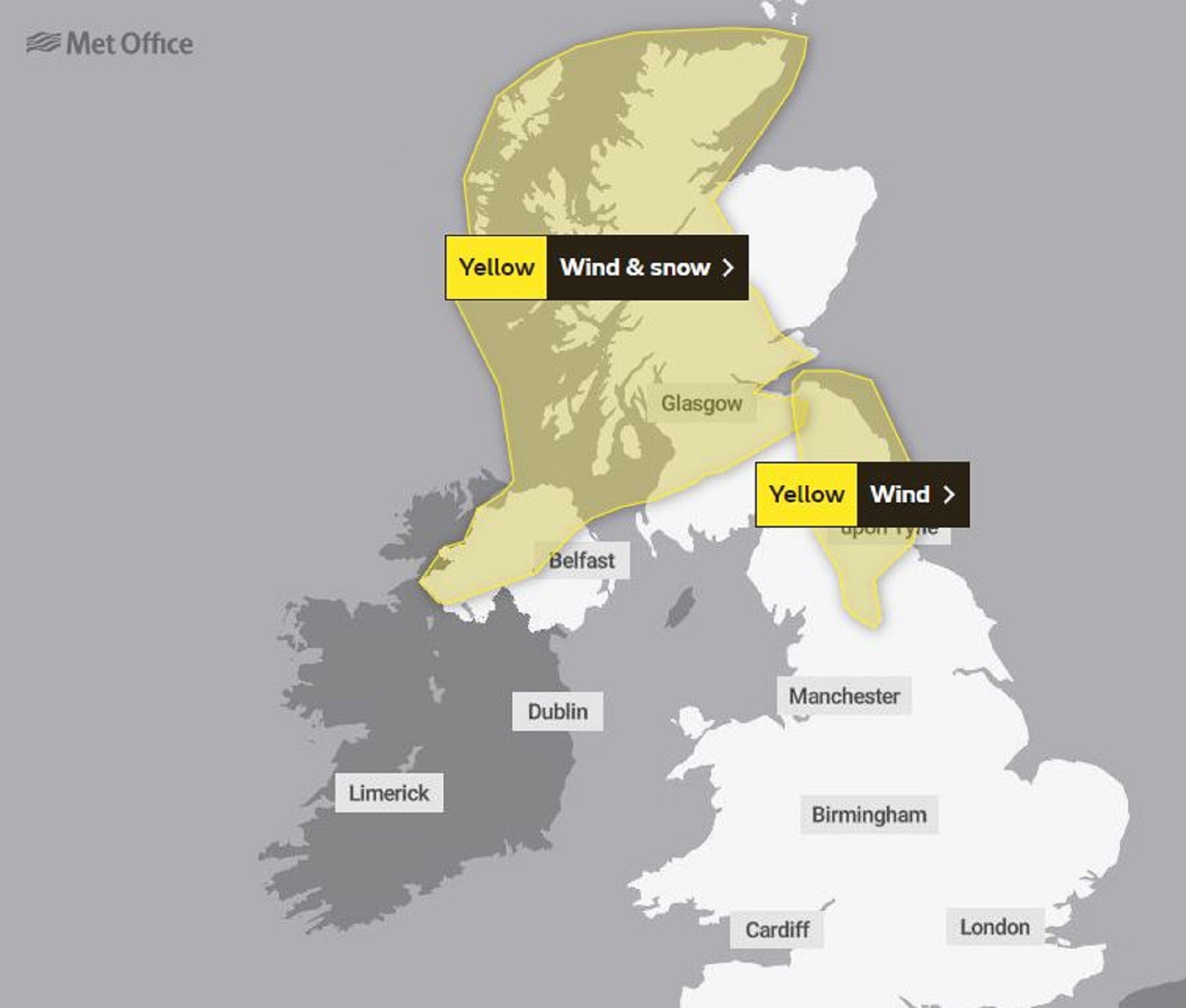 The Met Office has issued wind and snow weather warnings across northern England, Scotland and Northern Ireland