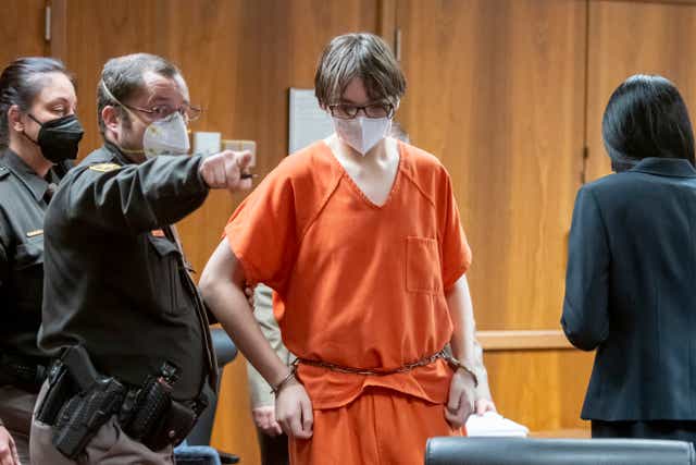 <p>Oxford High School shooting suspect Ethan Crumbley during a court appearance last month </p>
