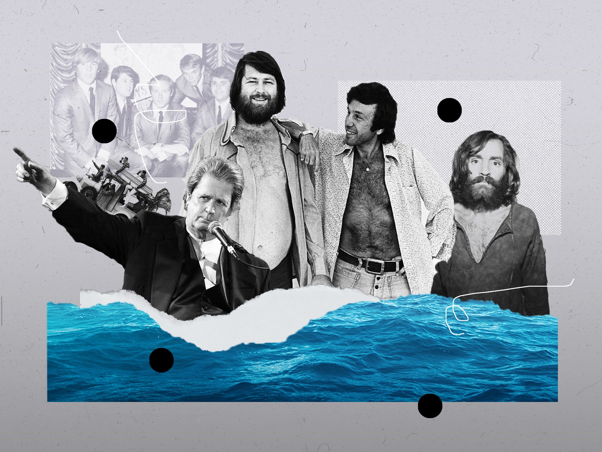 Surf’s up: (from left), the clean-cut band in 1964; Brian Wilson in 2004; Wilson with his questionable psychologist, Dr Eugene Landy (right), in 1976; and murderous cult leader Charles Manson in 1969