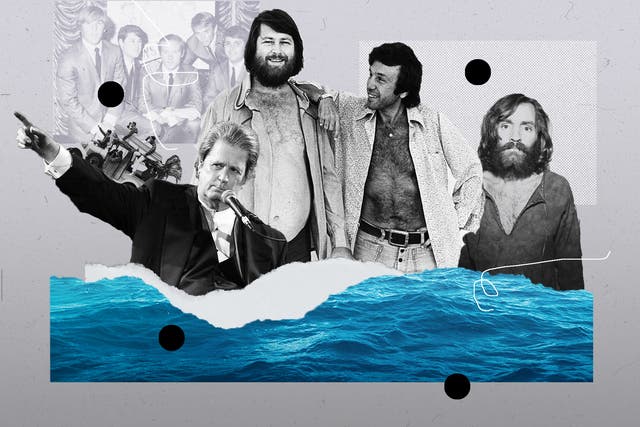 <p>Surf’s up: (from left), the clean-cut band in 1964; Brian Wilson in 2004; Wilson with his questionable psychologist, Dr Eugene Landy (right), in 1976; and murderous cult leader Charles Manson in 1969 </p>