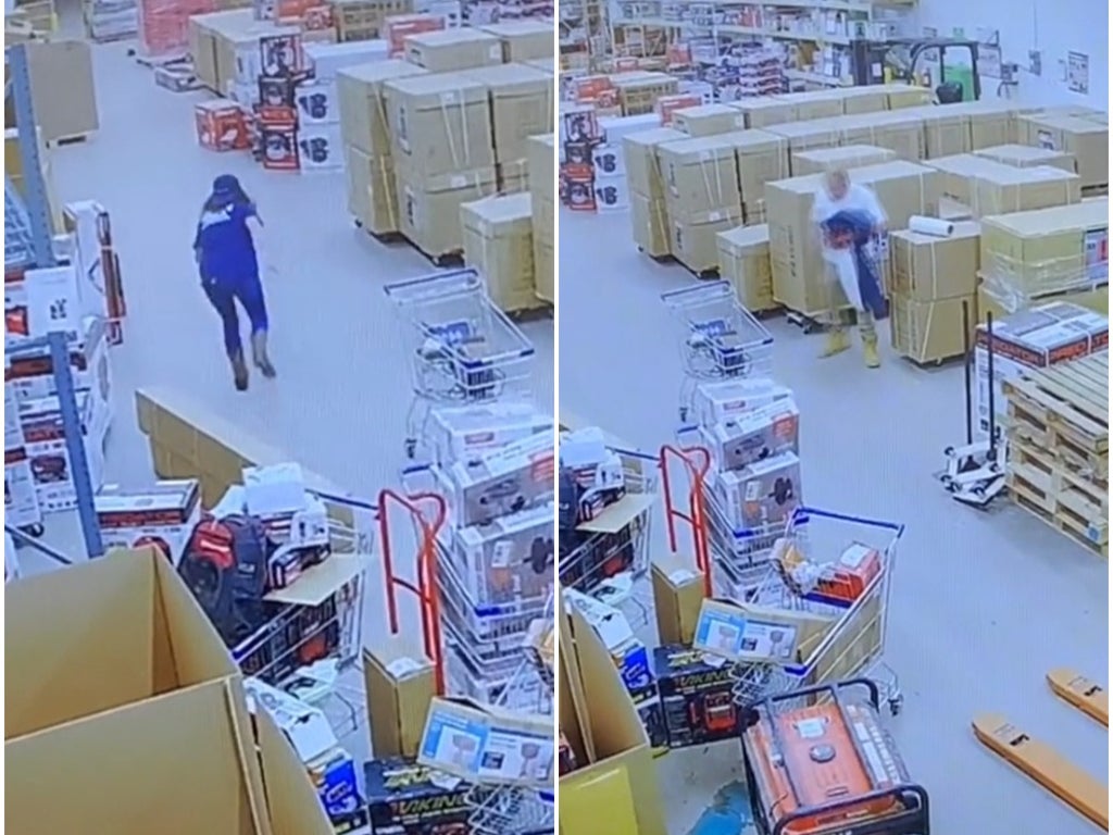 Terrifying moment worker runs from man hiding among boxes after store closes 