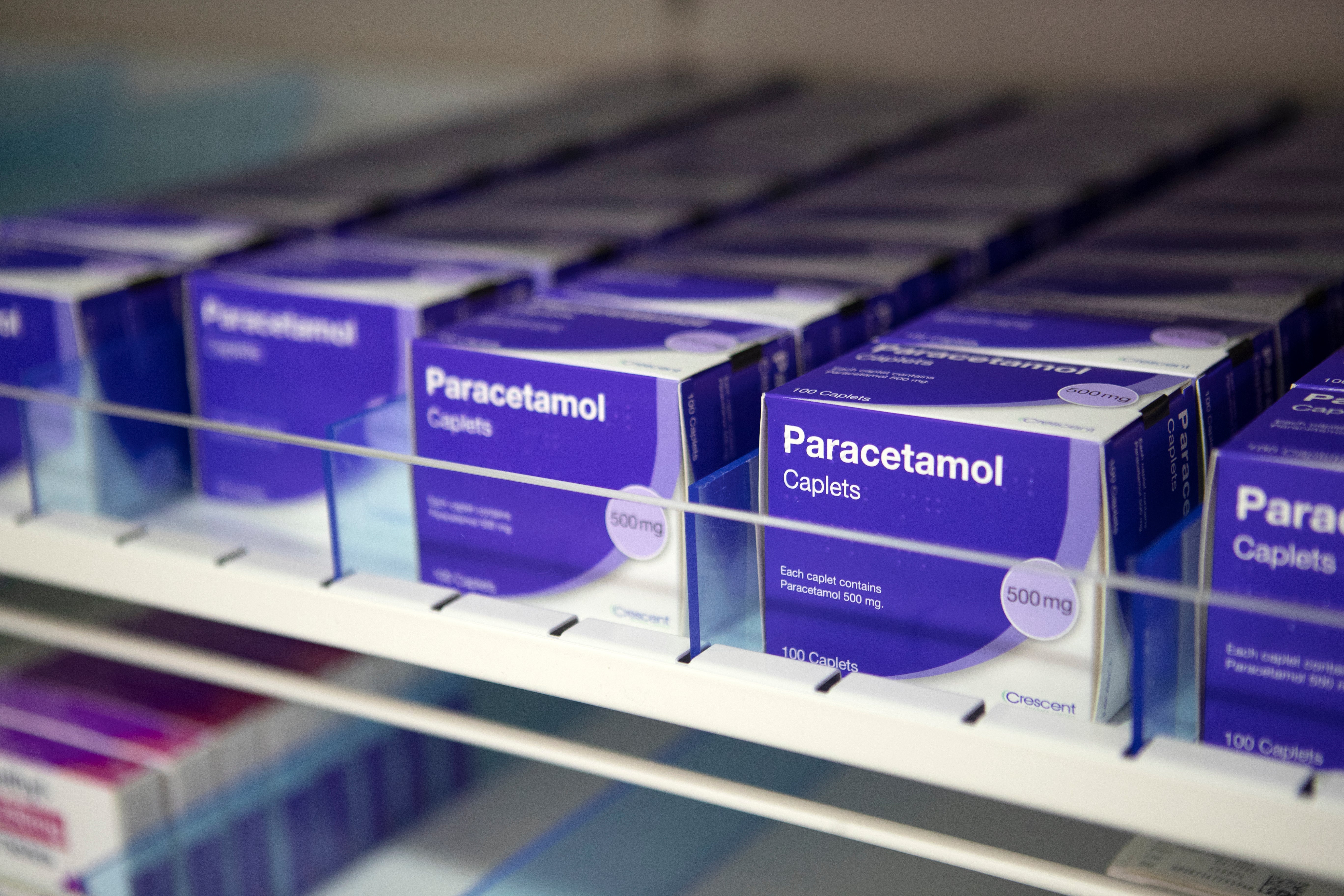 Paracetamol on the shelves of a pharmacy at an NHS hospital in Glasgow