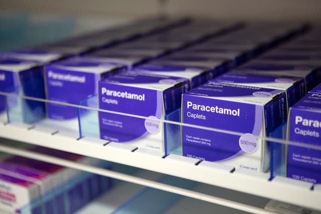 <p>Paracetamol on the shelves of a pharmacy at an NHS hospital in Glasgow. </p>