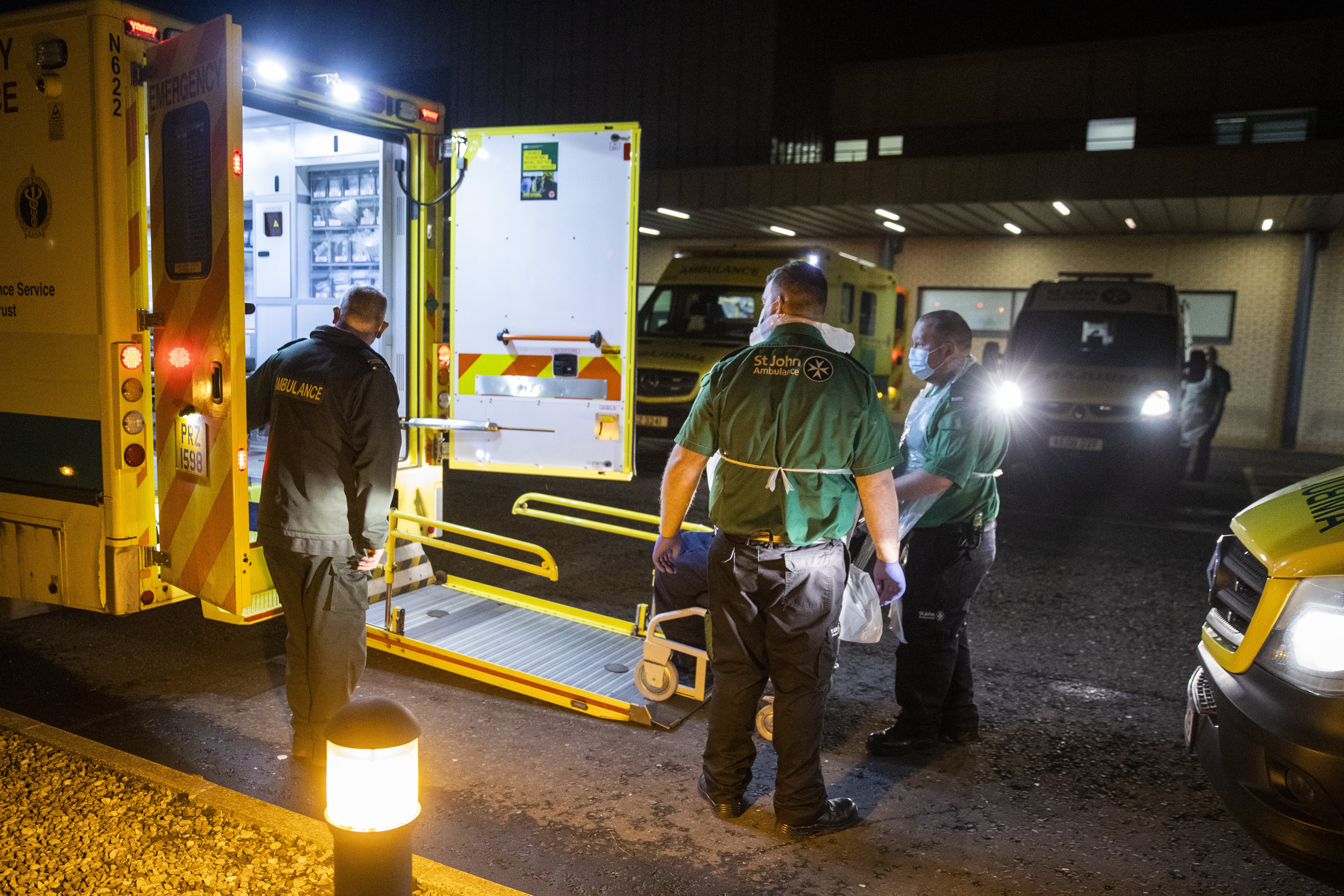 A patient is moved from an ambulance outside the Antrim Area Hospital emergency department (Liam McBurney/PA)