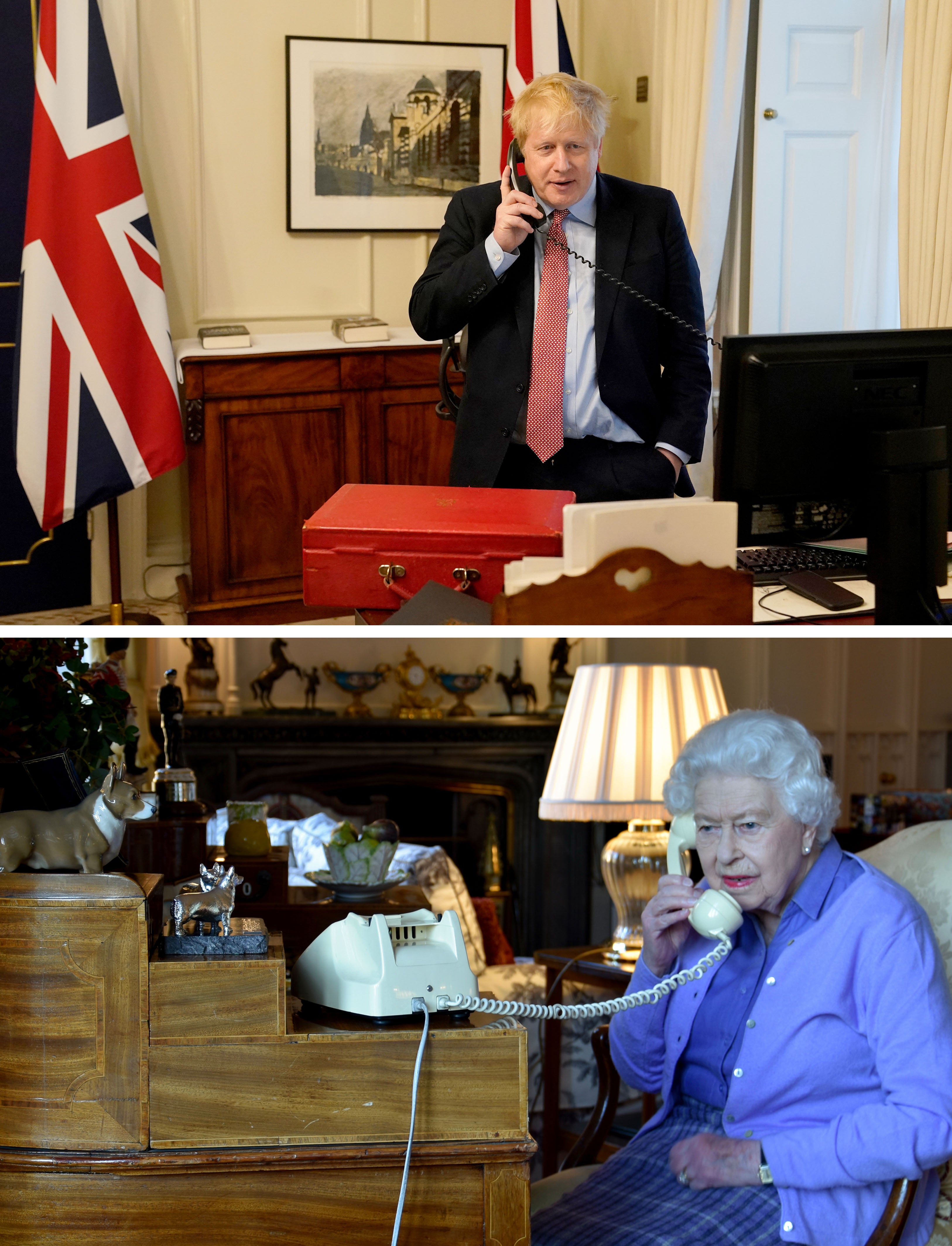 The PM on the phone to the Queen in March 2020 during the coronavirus pandemic (Andrew Parsons/10 Downing Street/Crown copyright/Buckingham Palace/PA)