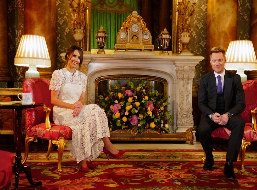 The One Show presenters Alex Jones and Ronan Keating filming in the Blue Drawing Room at Buckingham Palace (Victoria Jones/PA)