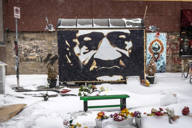 <p>The George Floyd Memorial at George Floyd Square in Minneapolis on the day that closing arguments were under way for the three former officers</p>