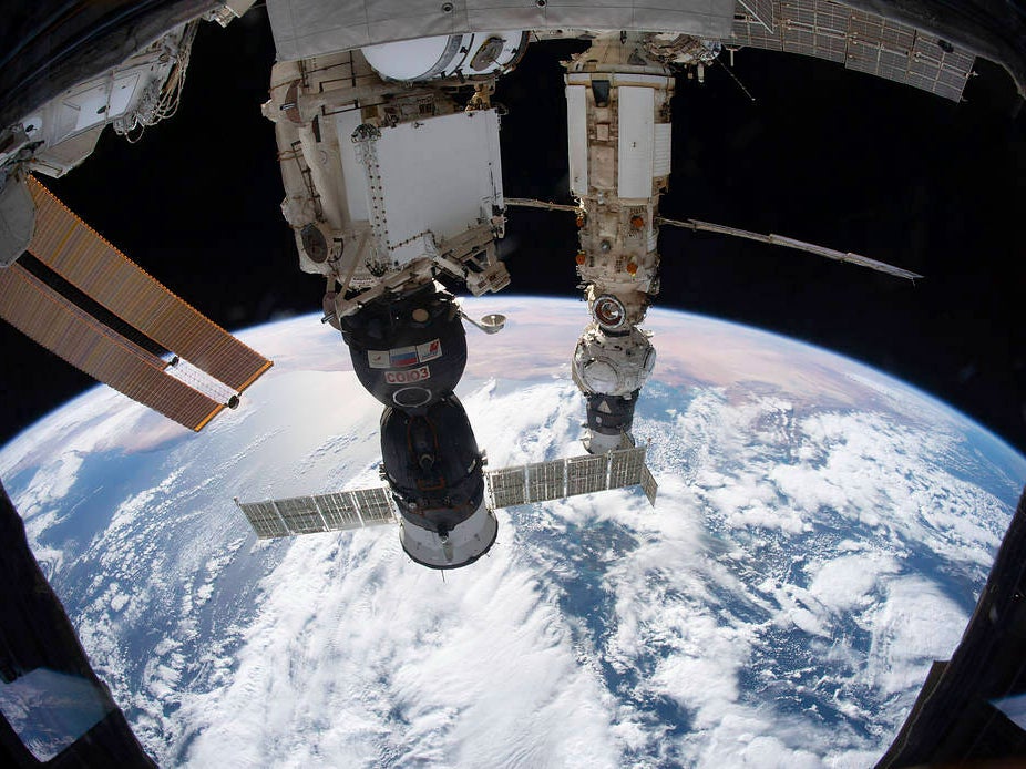 A Russian Soyuz spacecraft docked with the Russian segment of the International Space Station in December 2021
