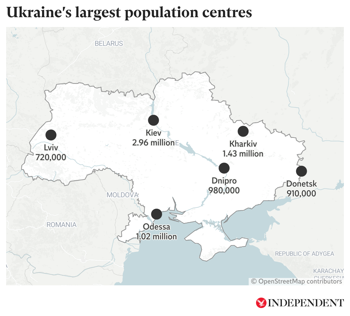 The locations of Ukraine’s biggest cities