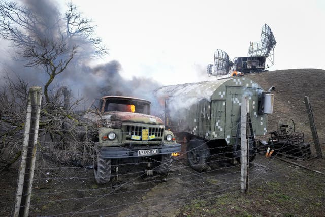 <p>Damaged equipment at a Ukrainian military facility outside Mariupol, Ukraine</p>