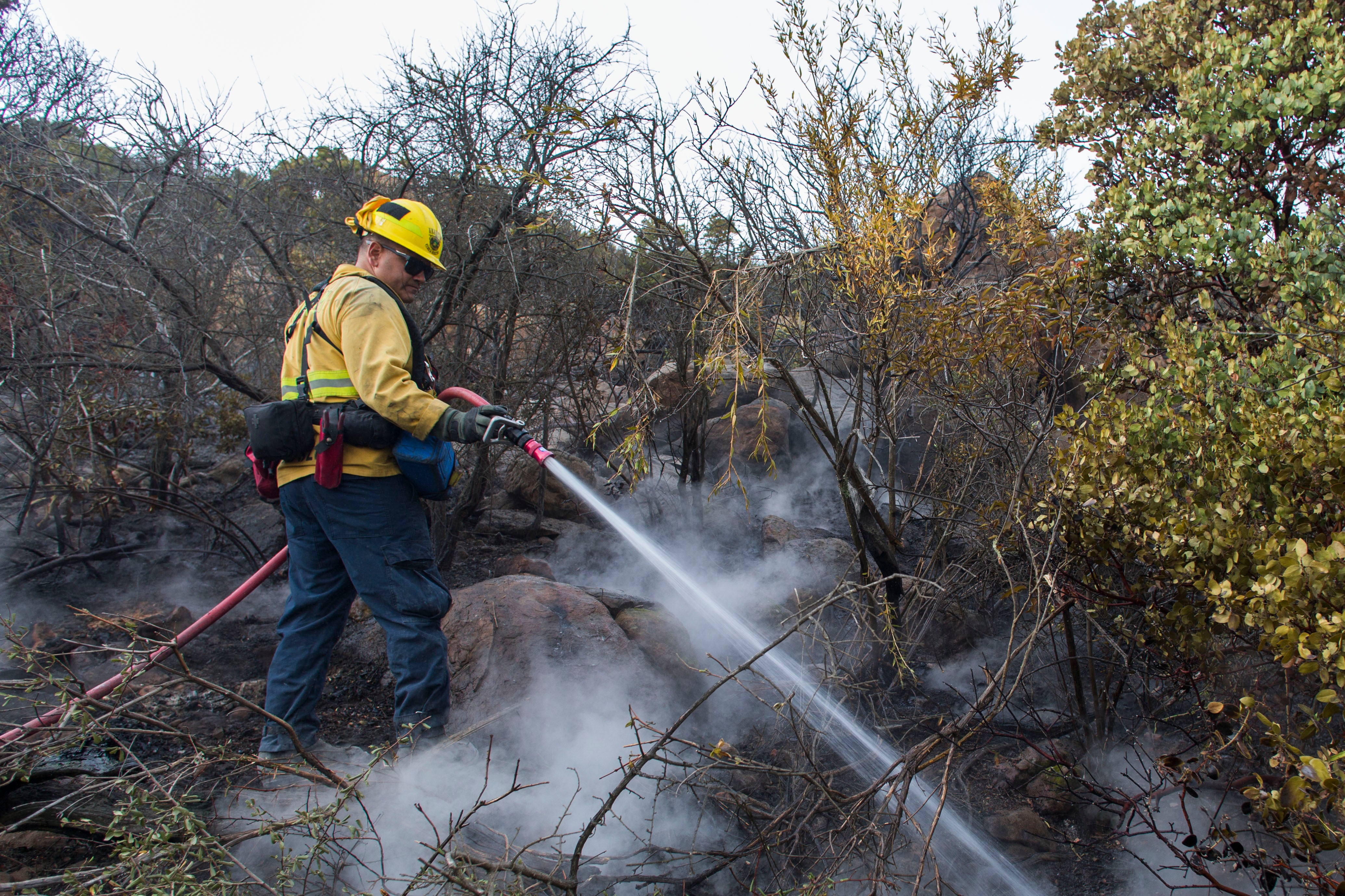 A firefighter puts out hotspots in the Cave Fire at Los Padres National Forest on November 26, 2019 in Santa Barbara, California