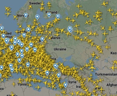 A snapshot of the airspace around Ukraine shortly after 10am