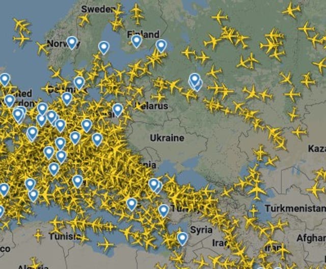 <p>A snapshot of the airspace around Ukraine shortly after 10am</p>