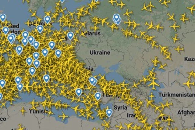 <p>A snapshot of the airspace around Ukraine shortly after 10am</p>