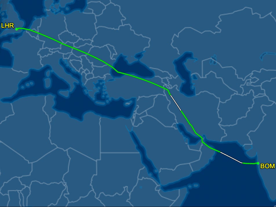 Long and winding: Flightpath of Air India’s service from Mumbai (BOM) to London Heathrow (LHR)