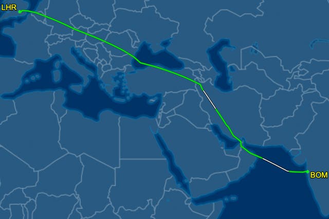 <p>Long and winding: Flightpath of Air India’s service from Mumbai (BOM) to London Heathrow (LHR)</p>