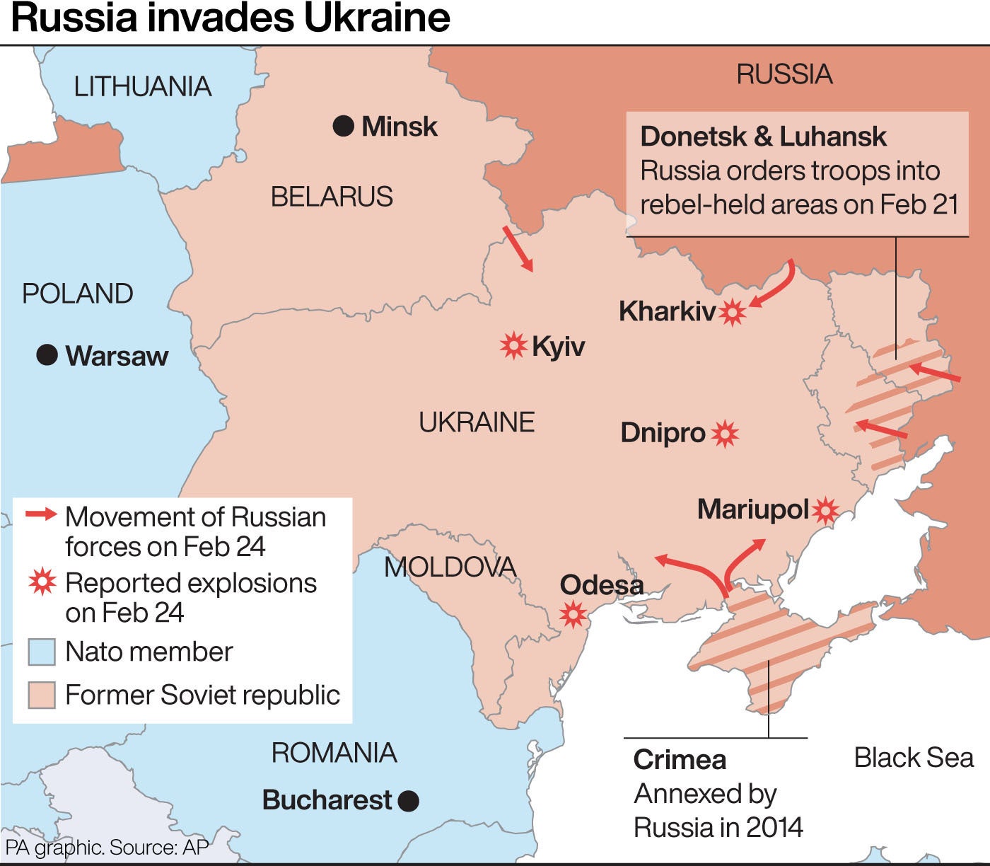 Russian troop movements and reported explosions in Ukraine