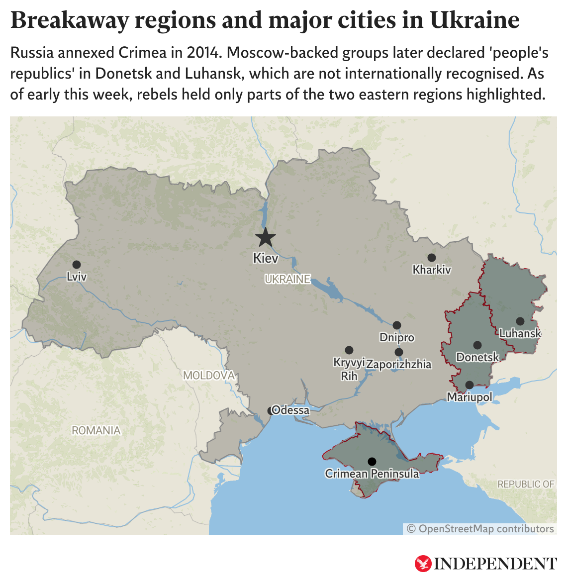 This map shows major cities in Ukraine as well as Moscow-backed separatist regions. As of early this week, rebels held only parts of the Donetsk and Luhansk regions highlighted