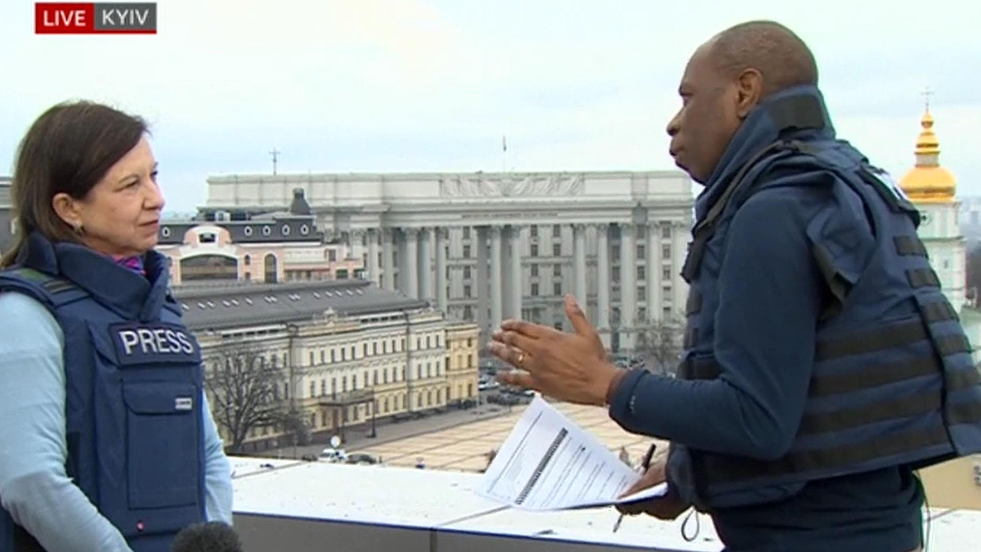 Lyse Doucet and Clive Myrie in Kyiv wearing flak jackets (Videograb/BBC/PA)