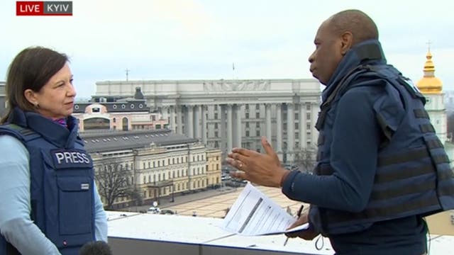 <p>Lyse Doucet and Clive Myrie in Kyiv wearing flak jackets (Videograb/BBC/PA)</p>