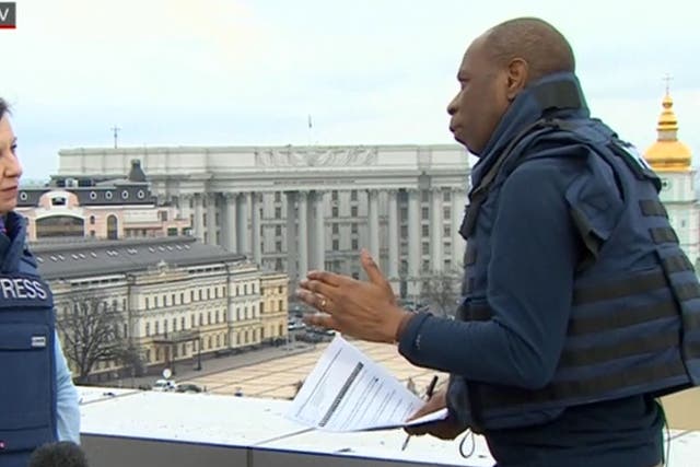 <p>Lyse Doucet and Clive Myrie in Kyiv wearing flak jackets (Videograb/BBC/PA)</p>