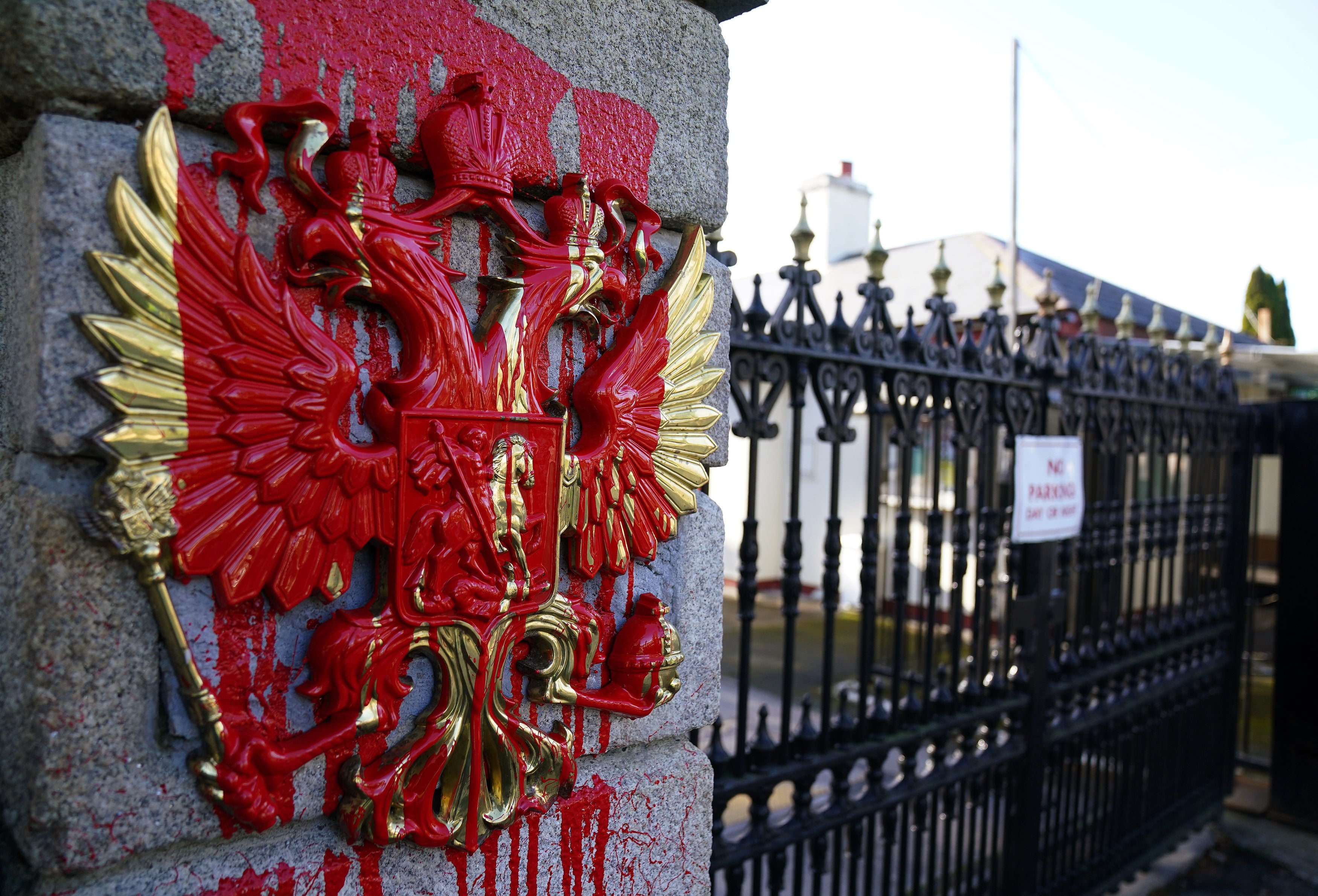 A view of the Embassy of Russia in Dublin where red paint was poured on the coat of arms of the Russian Federation following the Russian invasion of Ukraine